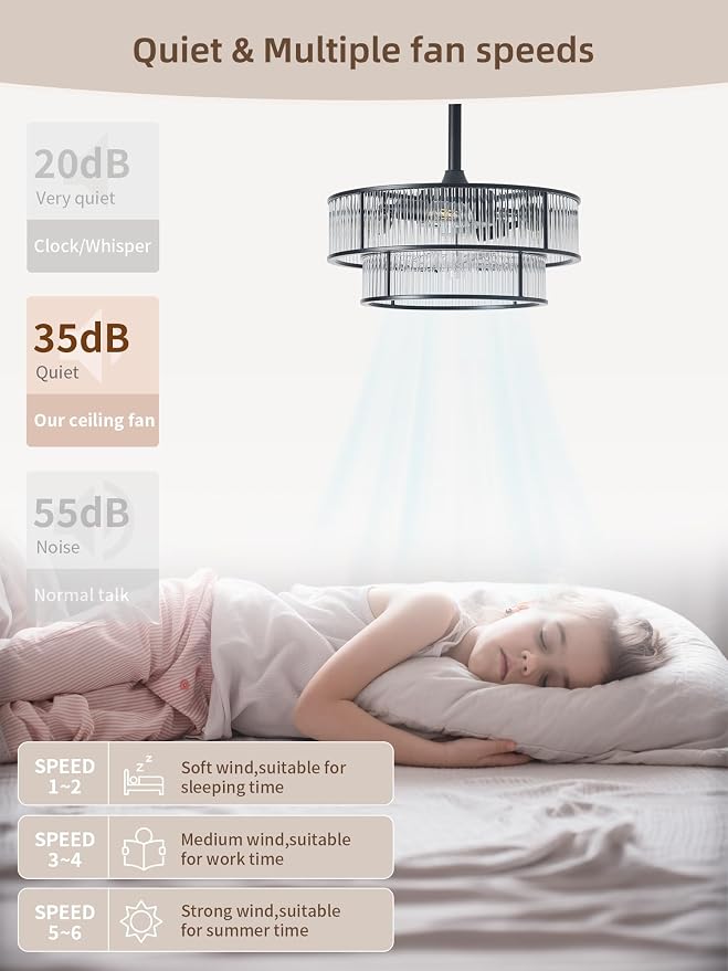 Black Fandelier Ceiling Fans with Lights, 20" Black Crystal Chandelier Ceiling Fan with Light Remote Control, Caged Mid