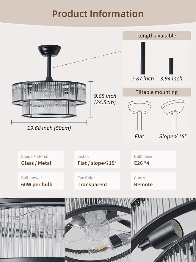 Black Fandelier Ceiling Fans with Lights, 20" Black Crystal Chandelier Ceiling Fan with Light Remote Control, Caged Mid