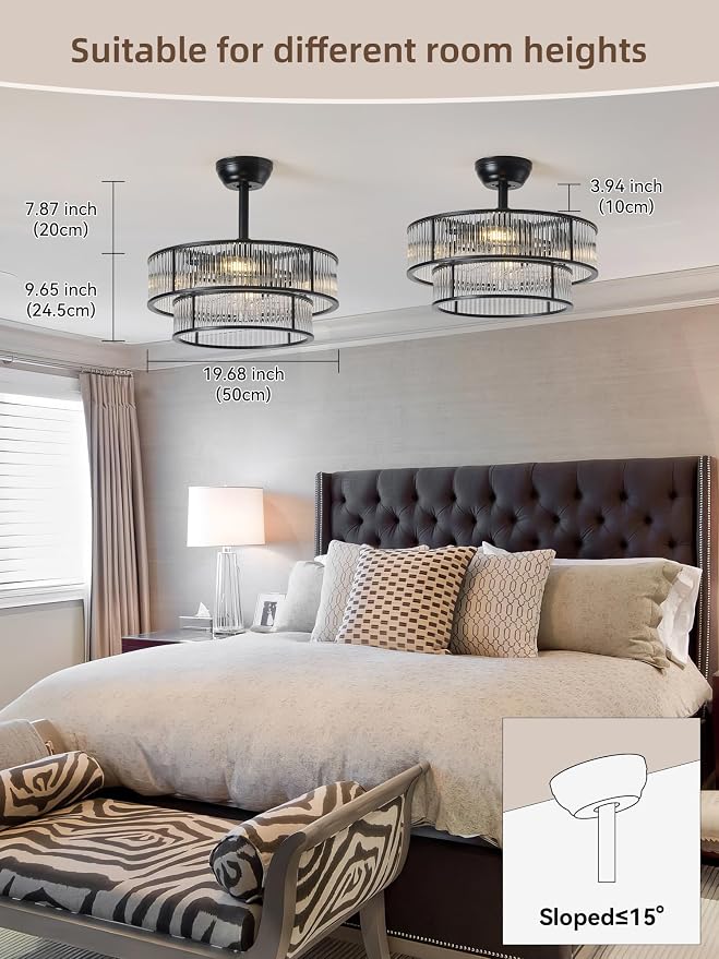 Black Fandelier Ceiling Fans with Lights, 20" Black Crystal Chandelier Ceiling Fan with Light Remote Control, Caged Mid