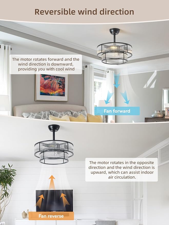 Black Fandelier Ceiling Fans with Lights, 20" Black Crystal Chandelier Ceiling Fan with Light Remote Control, Caged Mid