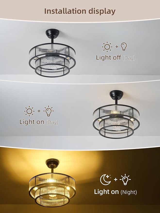Black Fandelier Ceiling Fans with Lights, 20" Black Crystal Chandelier Ceiling Fan with Light Remote Control, Caged Mid