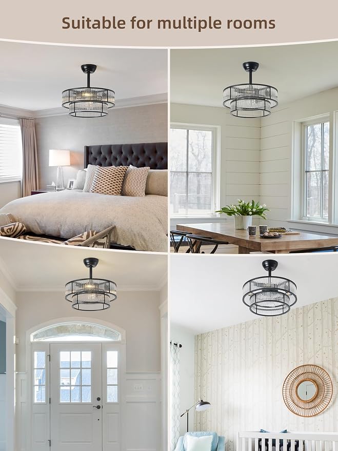 Black Fandelier Ceiling Fans with Lights, 20" Black Crystal Chandelier Ceiling Fan with Light Remote Control, Caged Mid