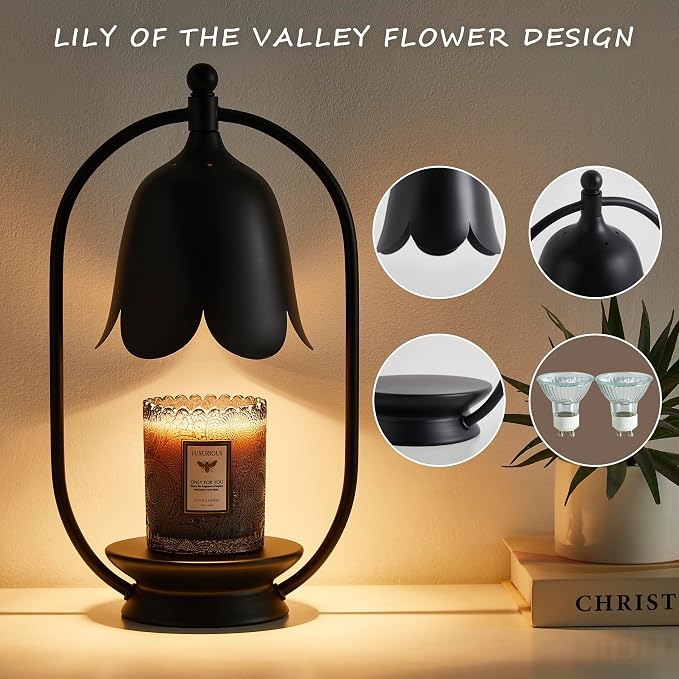 Black Flower Candle Warmer Lamp, Christmas Gift New Year Present Wedding Lamp - Timer Dimmable, Bedroom House Aesthetic