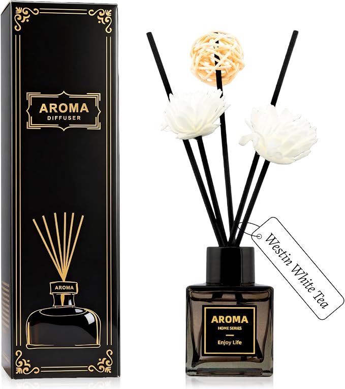 Black Glass Bottle Scent Diffuser, 1.7 oz Reed Diffuser with Sticks, Home Fragrance for Bookshelf, Bedroom Vanity, product