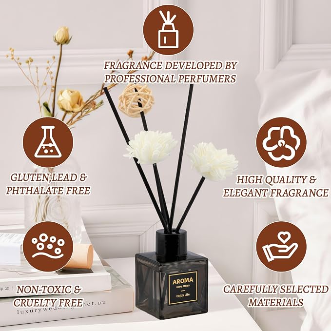 Black Glass Bottle Scent Diffuser, 1.7 oz Reed Diffuser with Sticks, Home Fragrance for Bookshelf, Bedroom Vanity, alternate