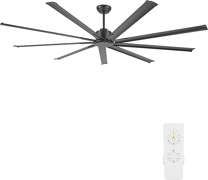 Black Industrial Ceiling Fan No Light 120", 9 Aluminum Blades, 6 Speed Remote Control, Reversible DC Motor, for Home and