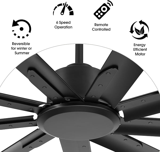 Black Industrial Ceiling Fan No Light 120", 9 Aluminum Blades, 6 Speed Remote Control, Reversible DC Motor, for Home and