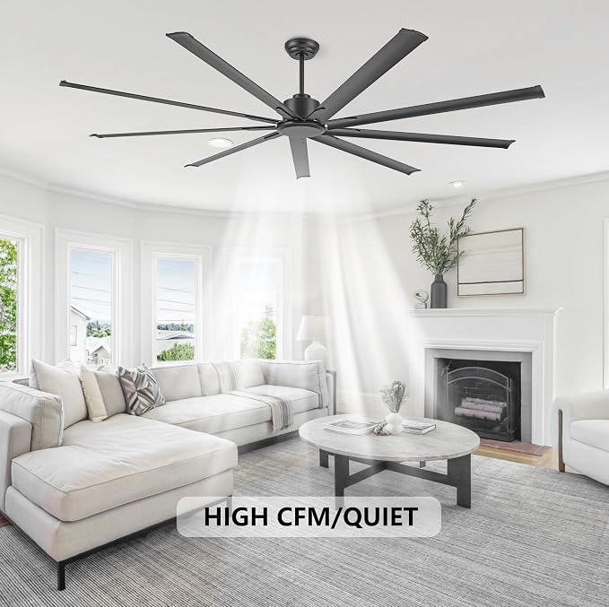 Black Industrial Ceiling Fan No Light 120", 9 Aluminum Blades, 6 Speed Remote Control, Reversible DC Motor, for Home and