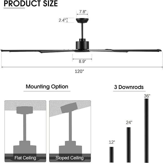 Black Industrial Ceiling Fan No Light 120", 9 Aluminum Blades, 6 Speed Remote Control, Reversible DC Motor, for Home and