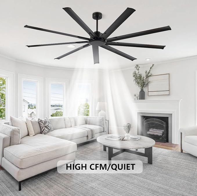 Black Industrial Ceiling Fan No Light 84", 9 Aluminum Blades, 6 Speed Remote Control, Reversible DC Motor, for Home and