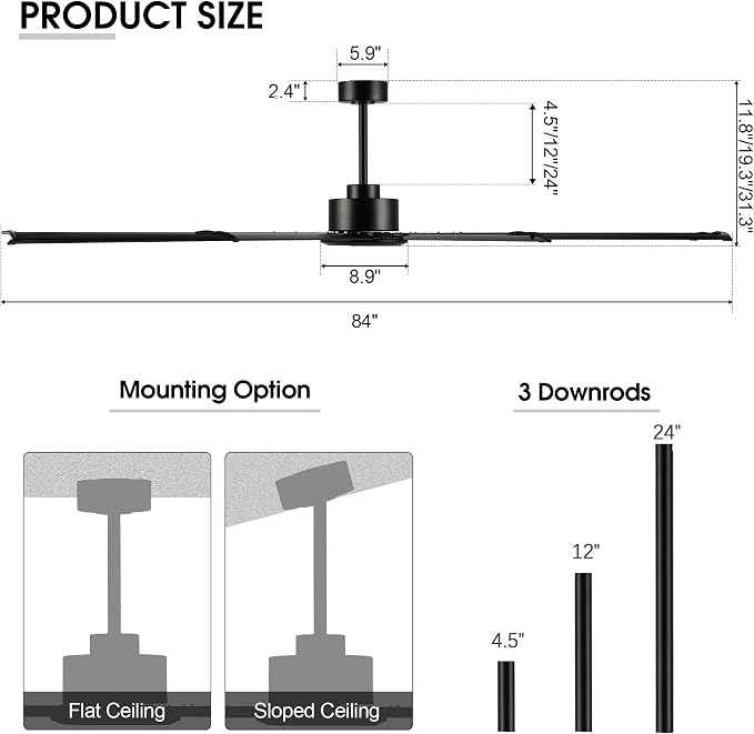 Black Industrial Ceiling Fan No Light 84", 9 Aluminum Blades, 6 Speed Remote Control, Reversible DC Motor, for Home and