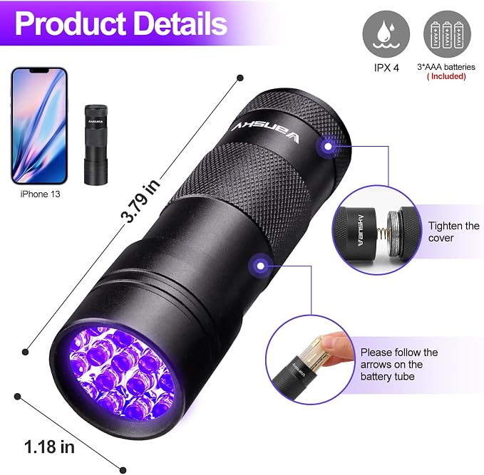 Black Light UV Flashlight, Blacklight 12 LED Urine Detector For Dog/Cat/Pet Urine & Dry Stains and Bed Bug On, alternate view
