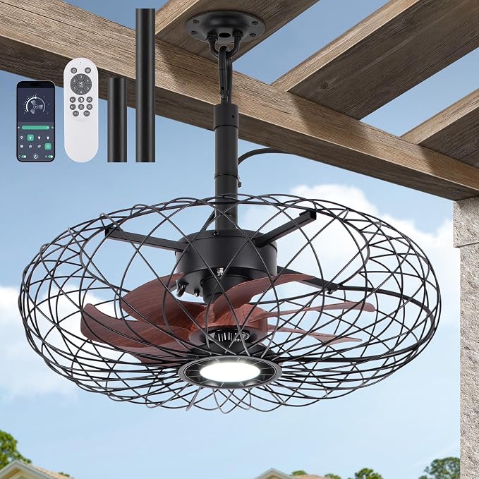 Black Outdoor Ceiling Fans with LED Light, 20" Waterproof Gazebo Fan Plug in Caged Industrial Fandelier Ceiling Fan with