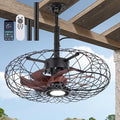 Black Outdoor Ceiling Fans with LED Light, 20" Waterproof Gazebo Fan Plug in Caged Industrial Fandelier Ceiling Fan with