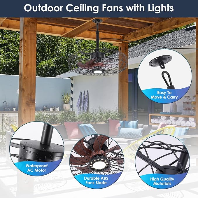 Black Outdoor Ceiling Fans with LED Light, 20" Waterproof Gazebo Fan Plug in Caged Industrial Fandelier Ceiling Fan with