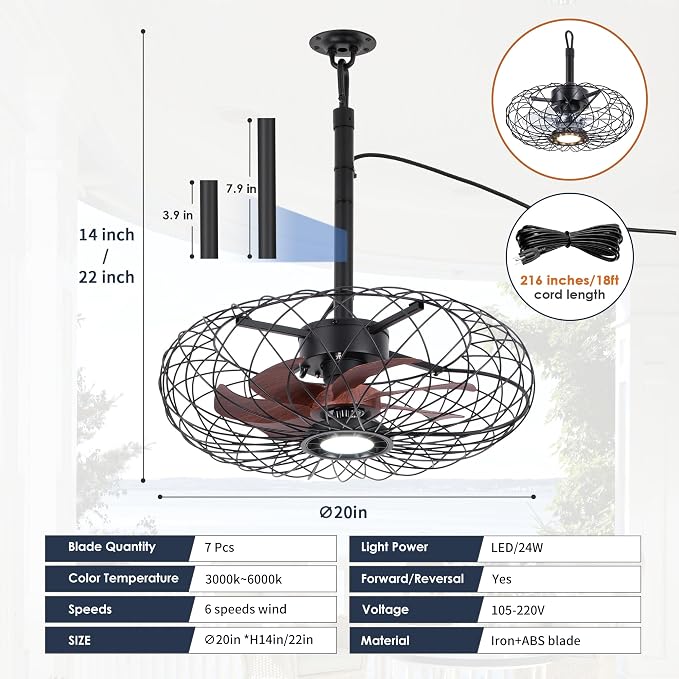 Black Outdoor Ceiling Fans with LED Light, 20" Waterproof Gazebo Fan Plug in Caged Industrial Fandelier Ceiling Fan with