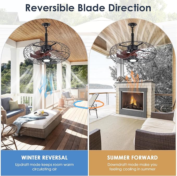 Black Outdoor Ceiling Fans with LED Light, 20" Waterproof Gazebo Fan Plug in Caged Industrial Fandelier Ceiling Fan with
