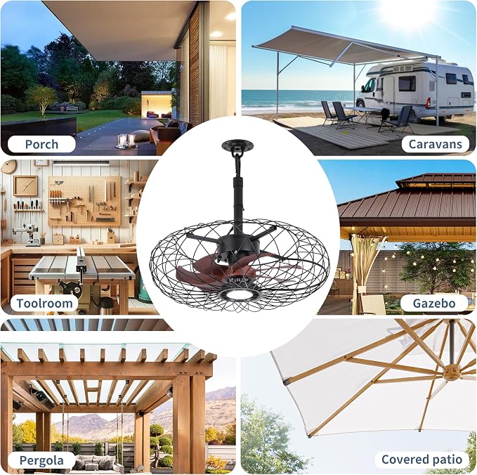 Black Outdoor Ceiling Fans with LED Light, 20" Waterproof Gazebo Fan Plug in Caged Industrial Fandelier Ceiling Fan with
