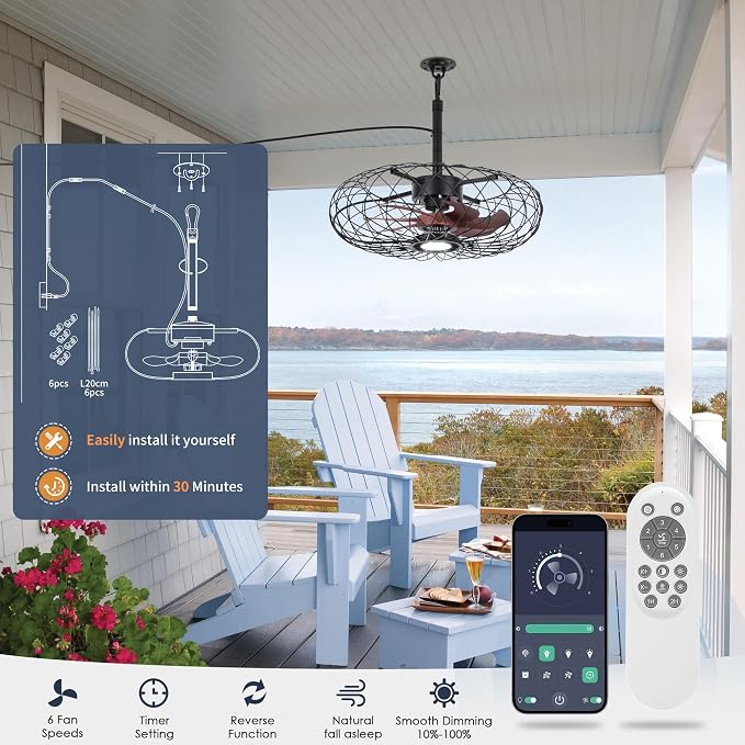 Black Outdoor Ceiling Fans with LED Light, 20" Waterproof Gazebo Fan Plug in Caged Industrial Fandelier Ceiling Fan with