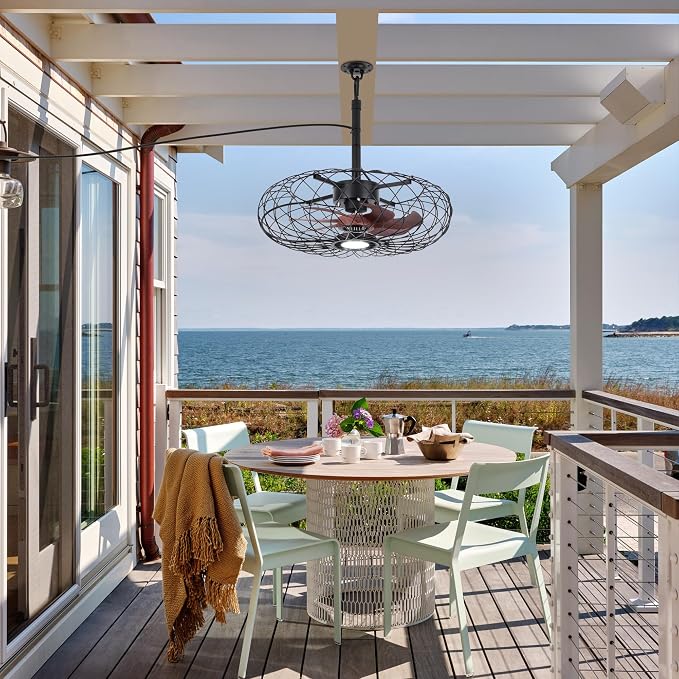 Black Outdoor Ceiling Fans with LED Light, 20" Waterproof Gazebo Fan Plug in Caged Industrial Fandelier Ceiling Fan with