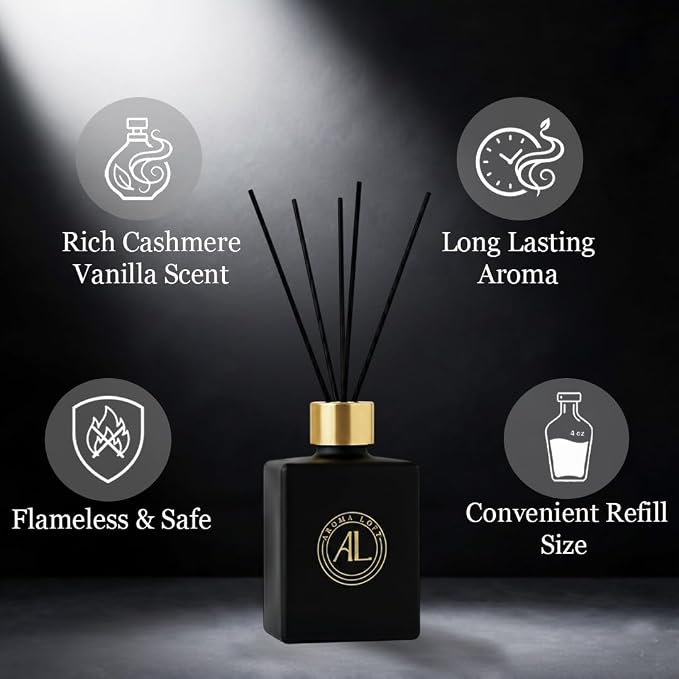 Black Reed Diffusers for Home | Premium Fragrance Diffuser | Reed Diffuser Sticks in Oil Set with Cashmere Vanilla Scent |