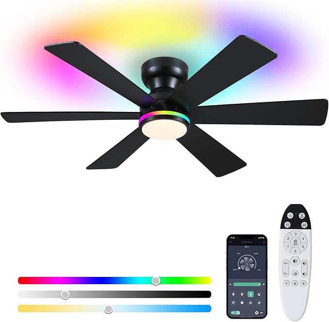Black RGB Ceiling Fan with Light and Remote/APP Control - 46" Flush Mount Low Profile Fan Light, 6 Speeds 3CCT and