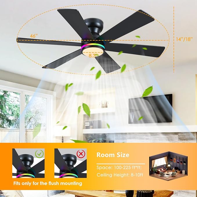 Black RGB Ceiling Fan with Light and Remote/APP Control - 46" Flush Mount Low Profile Fan Light, 6 Speeds 3CCT and