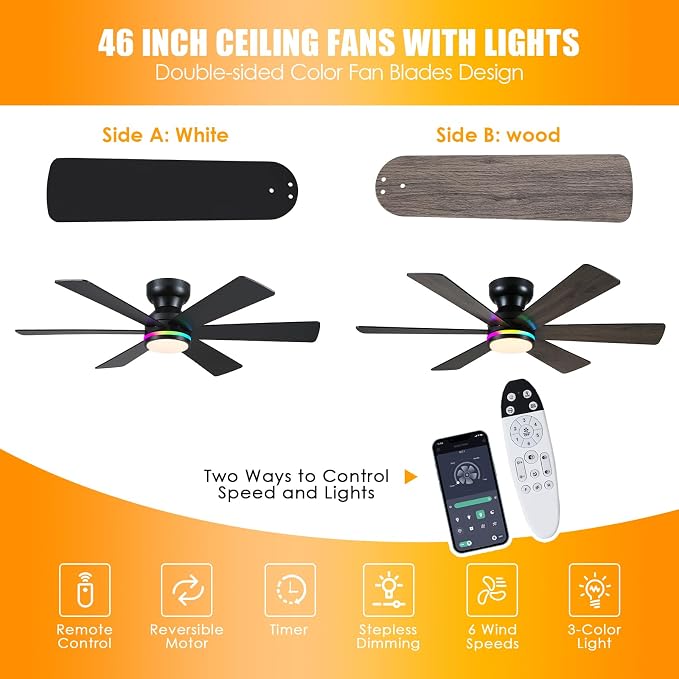 Black RGB Ceiling Fan with Light and Remote/APP Control - 46" Flush Mount Low Profile Fan Light, 6 Speeds 3CCT and