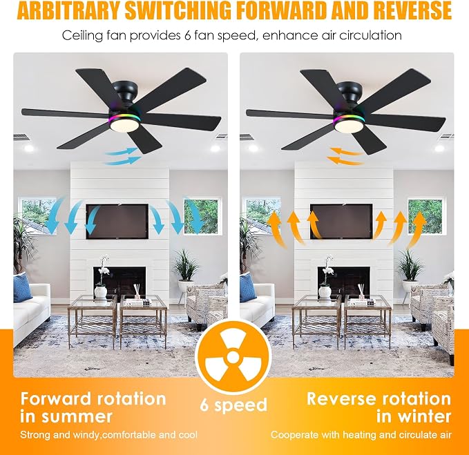 Black RGB Ceiling Fan with Light and Remote/APP Control - 46" Flush Mount Low Profile Fan Light, 6 Speeds 3CCT and