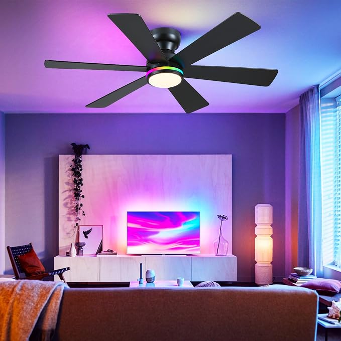 Black RGB Ceiling Fan with Light and Remote/APP Control - 46" Flush Mount Low Profile Fan Light, 6 Speeds 3CCT and