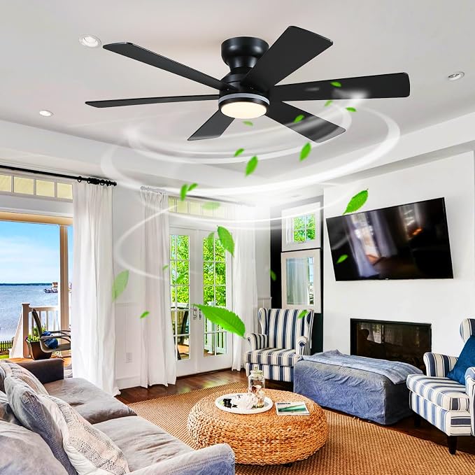 Black RGB Ceiling Fan with Light and Remote/APP Control - 46" Flush Mount Low Profile Fan Light, 6 Speeds 3CCT and