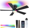 Black RGB Ceiling Fans with Lights - 46" Flush Mount Ceiling Fan with Remote APP, RGB+3CCT Dimmable Led Light, Reversible 6