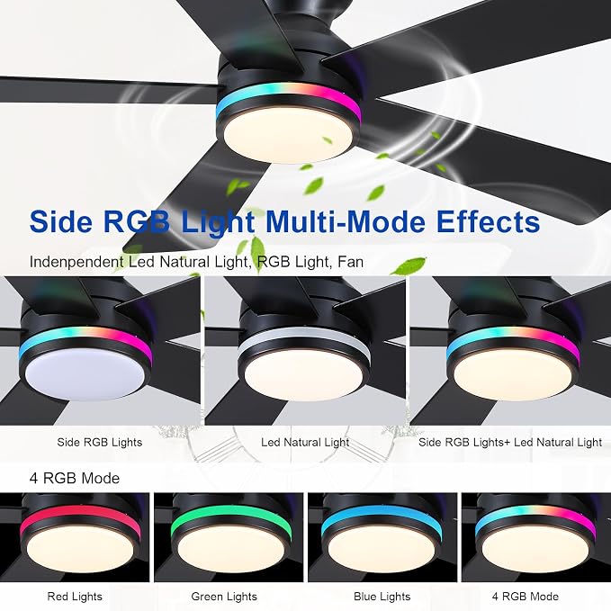 Black RGB Ceiling Fans with Lights - 46" Flush Mount Ceiling Fan with Remote APP, RGB+3CCT Dimmable Led Light, Reversible 6