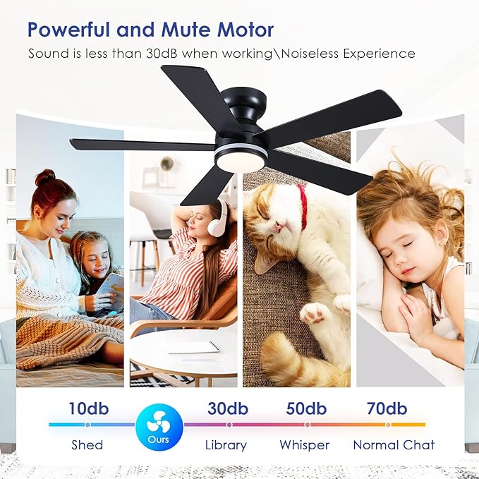 Black RGB Ceiling Fans with Lights - 46" Flush Mount Ceiling Fan with Remote APP, RGB+3CCT Dimmable Led Light, Reversible 6