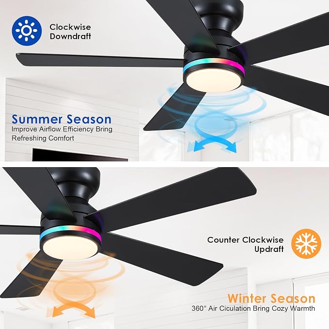 Black RGB Ceiling Fans with Lights - 46" Flush Mount Ceiling Fan with Remote APP, RGB+3CCT Dimmable Led Light, Reversible 6