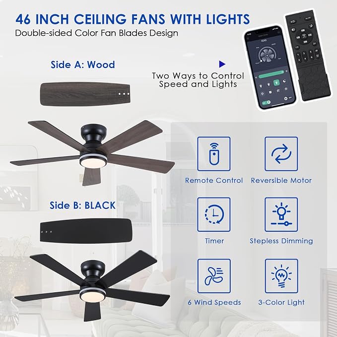 Black RGB Ceiling Fans with Lights - 46" Flush Mount Ceiling Fan with Remote APP, RGB+3CCT Dimmable Led Light, Reversible 6