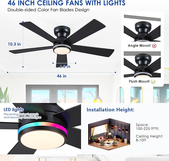Black RGB Ceiling Fans with Lights - 46" Flush Mount Ceiling Fan with Remote APP, RGB+3CCT Dimmable Led Light, Reversible 6