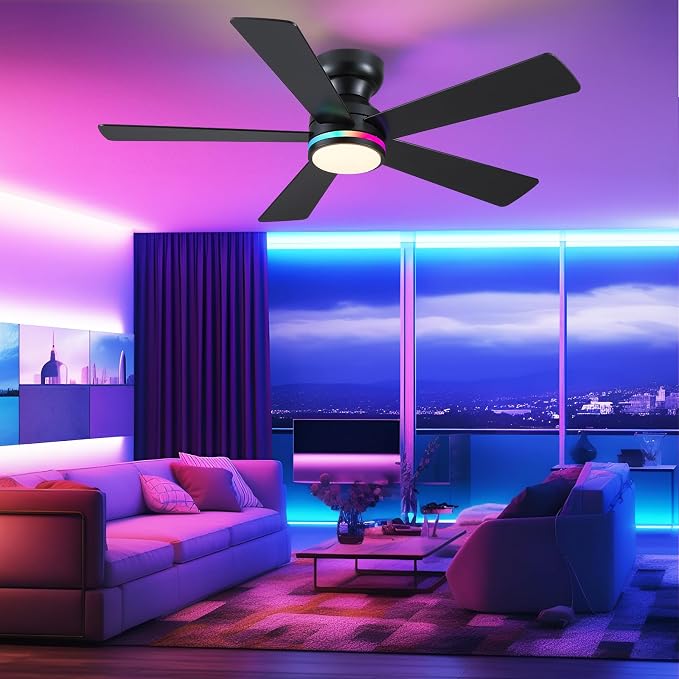 Black RGB Ceiling Fans with Lights - 46" Flush Mount Ceiling Fan with Remote APP, RGB+3CCT Dimmable Led Light, Reversible 6