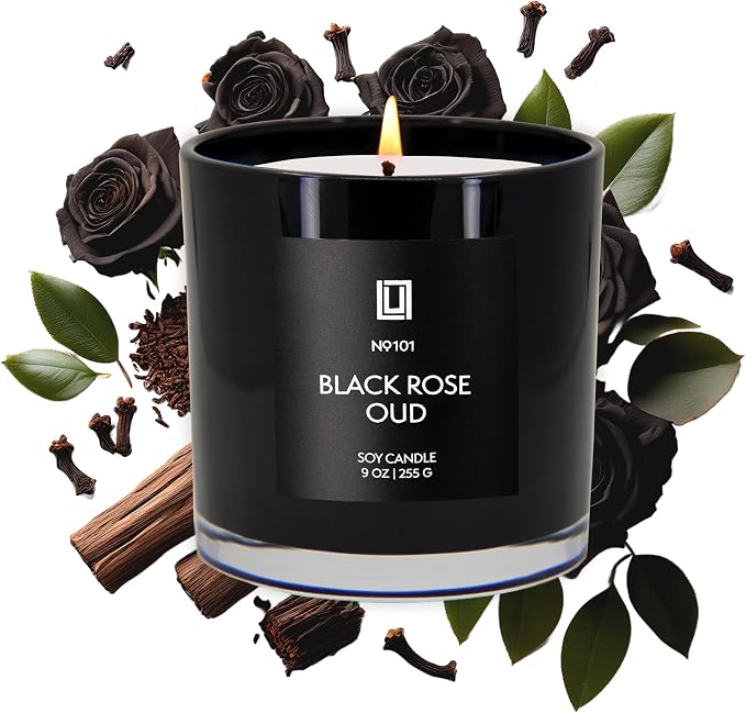 | Black Rose & Oud | Smells Floral and Smokey | Luxury Scented Soy Jar Candle | Hand Poured in The USA | Highly, product