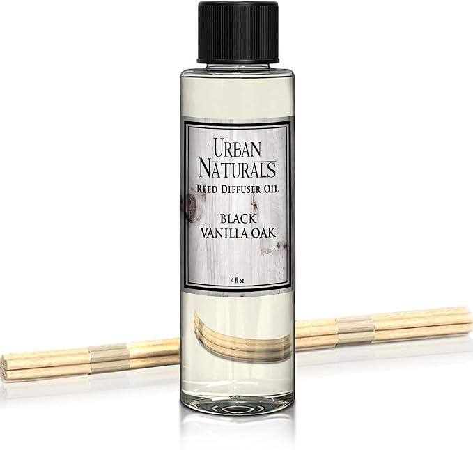 Black Vanilla Oak Scented Oil Reed Diffuser Refill. Free Set of Reed Sticks, with Warm Vanilla, Oak, Cedar, product image