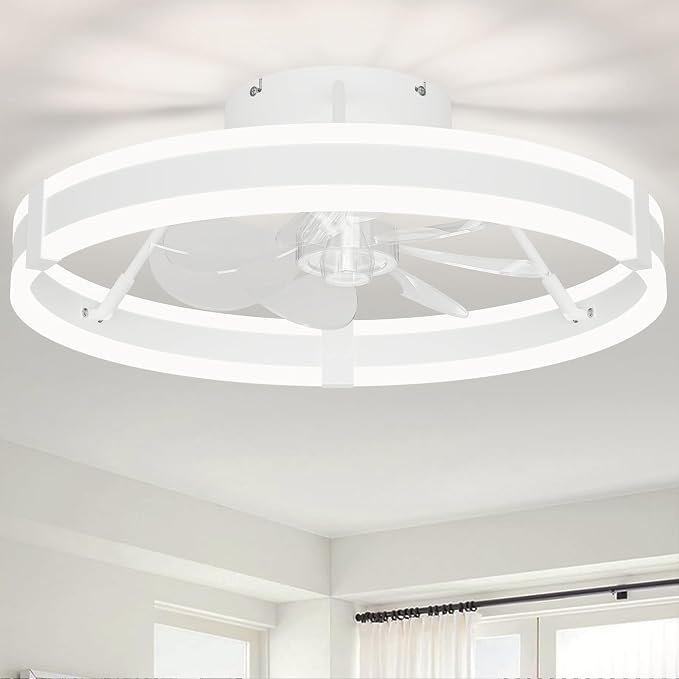 Bladeless Ceiling Fan with Lights,19.7'' 3000-6000K Dimmable 6 Wind Speed Low Profile Led Ceiling Fan, Reversible DC Motor