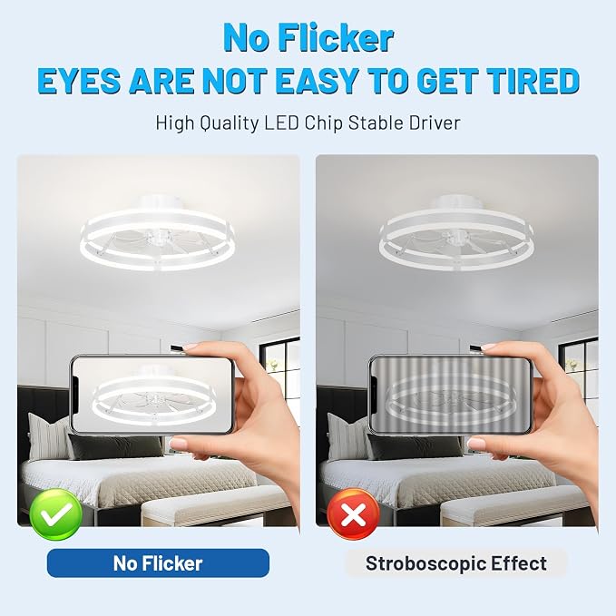 Bladeless Ceiling Fan with Lights,19.7'' 3000-6000K Dimmable 6 Wind Speed Low Profile Led Ceiling Fan, Reversible DC Motor