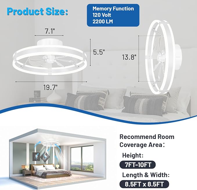 Bladeless Ceiling Fan with Lights,19.7'' 3000-6000K Dimmable 6 Wind Speed Low Profile Led Ceiling Fan, Reversible DC Motor