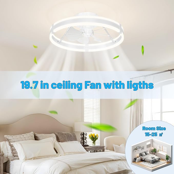 Bladeless Ceiling Fan with Lights,19.7'' 3000-6000K Dimmable 6 Wind Speed Low Profile Led Ceiling Fan, Reversible DC Motor