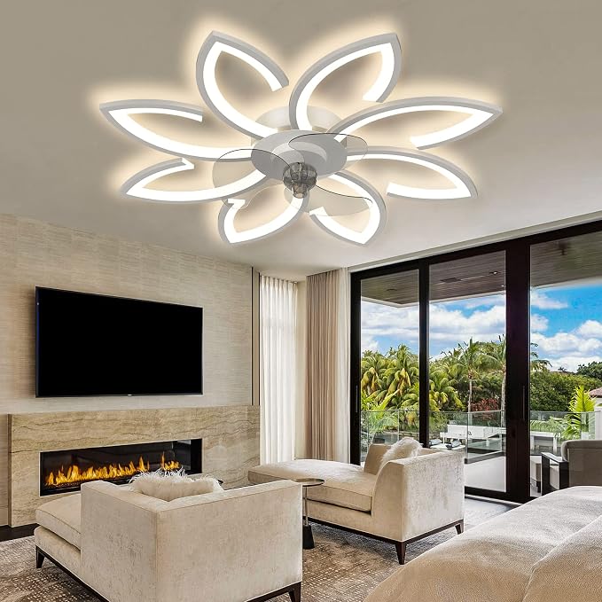 Bladeless Ceiling Fan With Lights, Modern Flush Mount With Dimmable LED Light and Remote Control, Low Profile 6 Gear Wind