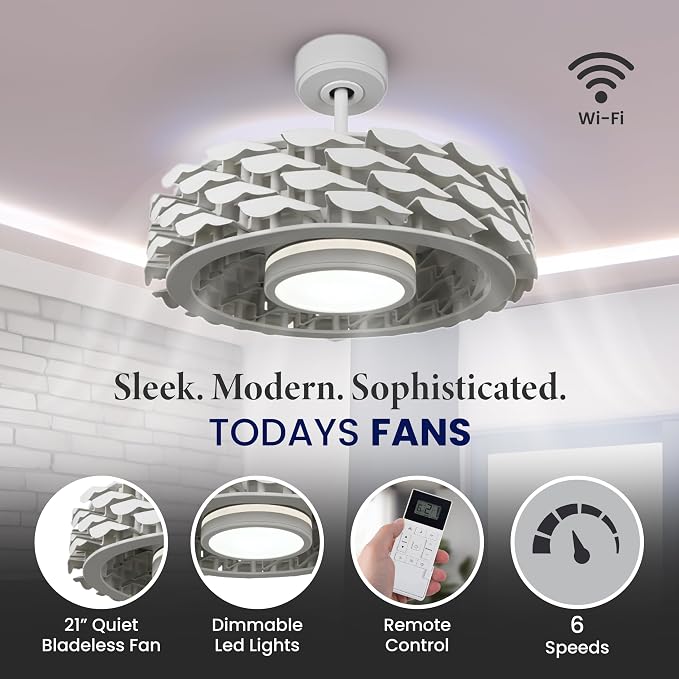 Bladeless Ceiling Fan with Lights & Remote – 21" Low-Profile LUMIO Downrod or Flush Mount Ceiling Fan with Lights for Bedroom