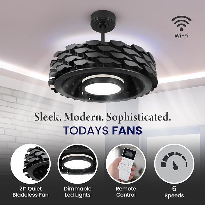 Bladeless Ceiling Fan with Lights & Remote – 21" Low-Profile LUMIO Downrod or Flush Mount Ceiling Fan with Lights for Bedroom