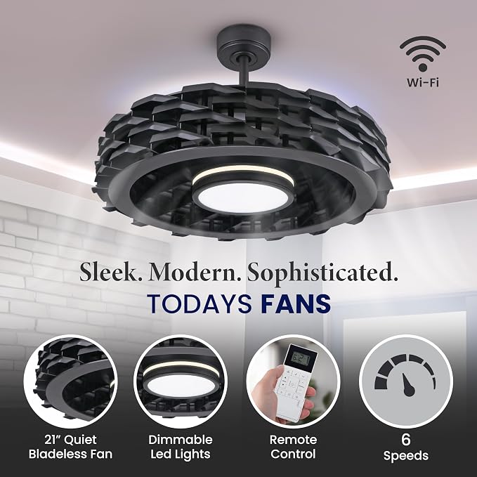 Bladeless Ceiling Fan with Lights & Remote – LUMIO 28" Low-Profile Downrod or Flush Mount Ceiling Fan with Lights for Bedroom