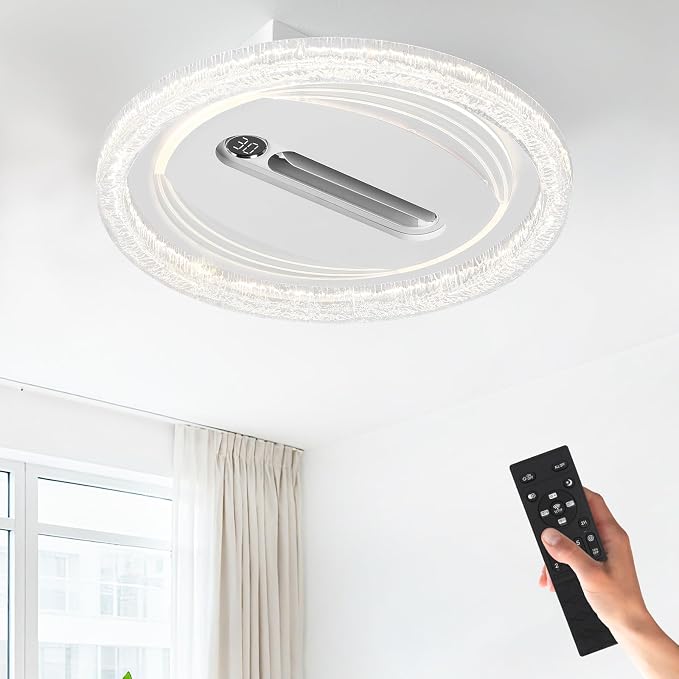 Bladeless Ceiling Fans with Lights Remote Control, Dimmable LED Chandelier 3000K-6000K, Temperature Display, Energy Saving AC
