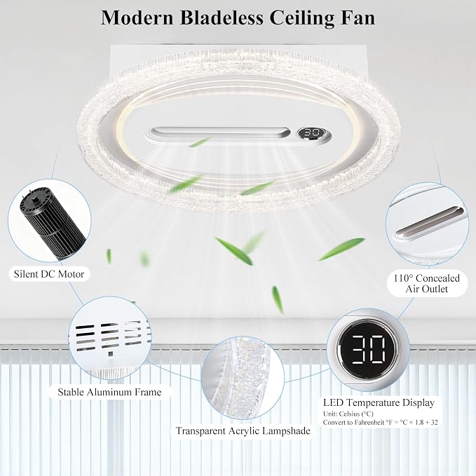 Bladeless Ceiling Fans with Lights Remote Control, Dimmable LED Chandelier 3000K-6000K, Temperature Display, Energy Saving AC